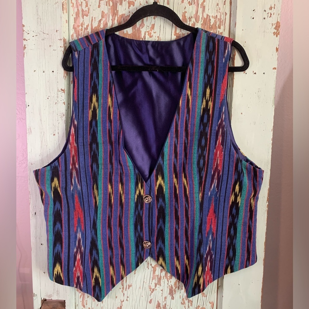 Women’s Vintage Blue and multi-colored Aztec print vest with a button-up front